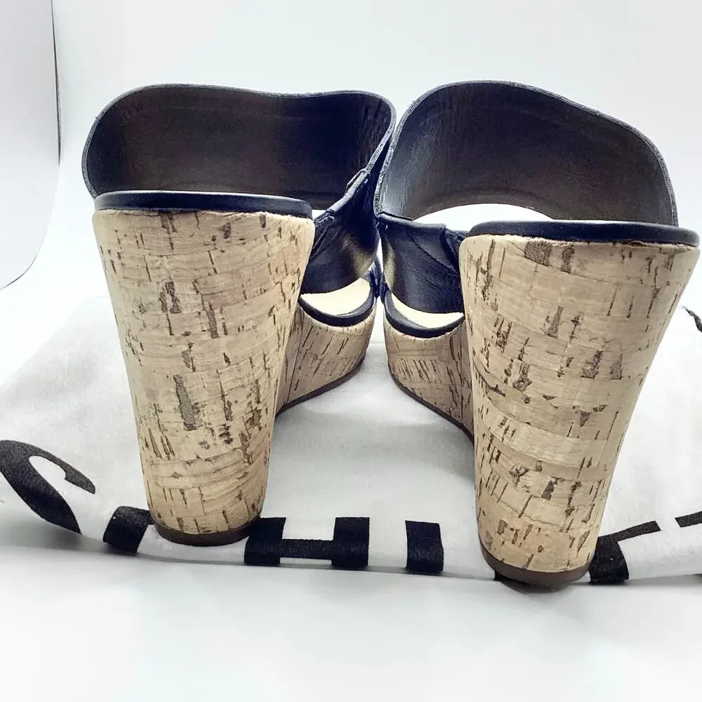 Schutz Kai Soft Black Leather Slip On Cork Wedge Sandal 10 NEW Dustbag